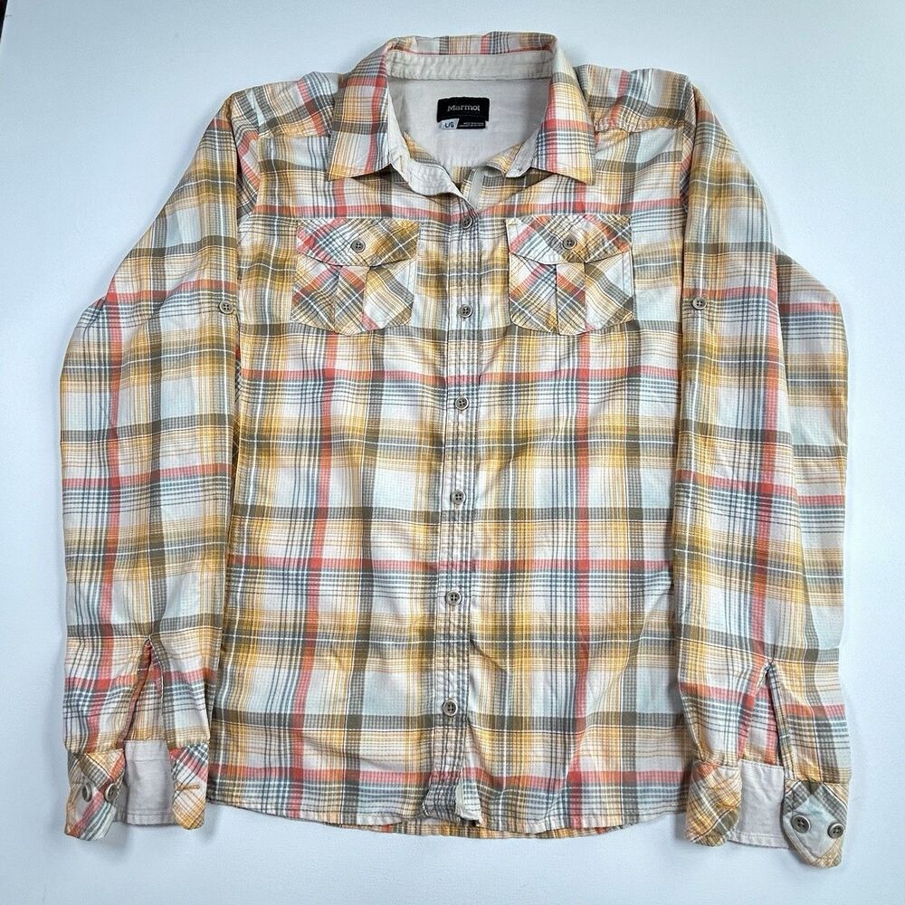 Marmot Long Sleeve Button Up Women’s Size L Outdoor Roll Tab Hiking Plaid Shirt